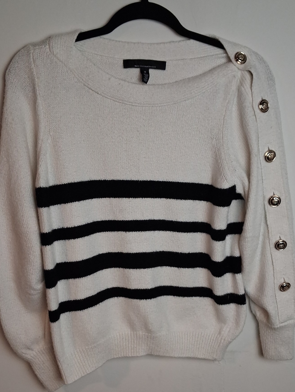 White House Black Market Cream & Black Striped Button-Shoulder Sweater